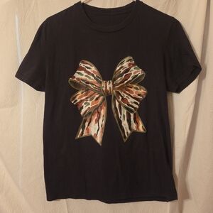 Black T-Shirt with Leopard Print Bow